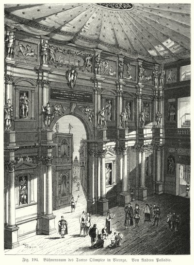 Auditorium og scene i Teatro Olimpico, Piacenza, Italia, designet av Andrea Palladio (gravering) av German School