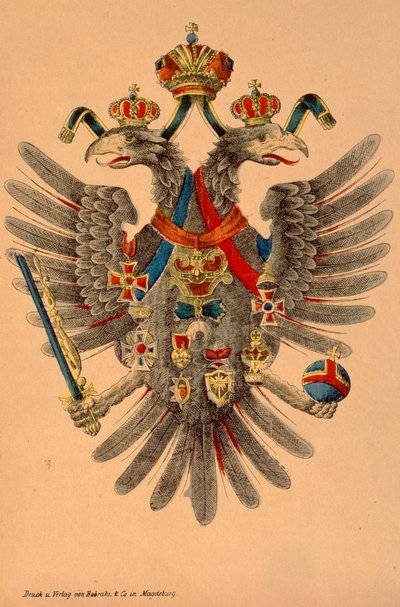Østerriksk-ungarske keiserlige våpenskjold, utgitt av Robraki & Co., Magdeburg, ca. 1865 (farget tresnitt) av German School