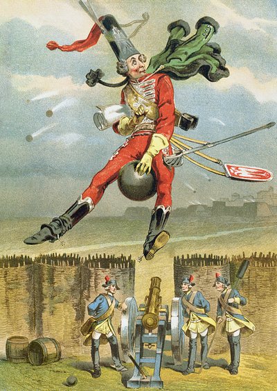 Baron Munchausen flyr over fiendens linjer på en kanonkule, illustrasjon fra en tysk utgave av The Adventures of Baron Munchausen av German School