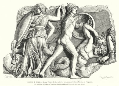 Kamp mellom gudene og titanene og gigantene, antikkens gresk relieff fra Pergamon (litho) av German School