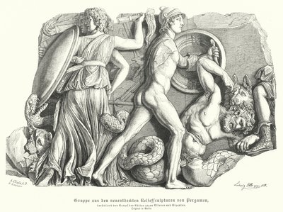 Kamp mellom gudene og titanene og gigantene, antikkens gresk relieff fra Pergamon (gravering) av German School