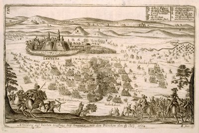 Slaget nær byen Levice i 1664, illustrasjon fra en bok om de osmanske kampanjene i Europa, gravert av Paul Furst (ca. 1605-66) av German School