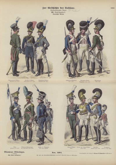 Bayerske militæruniformer, tidlig på 1800-tallet (farget gravering) av German School