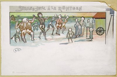 Strandidyll i Rontgen-stil, tegneserie om røntgen, ca. 1896-99 (fargegravering) av German School