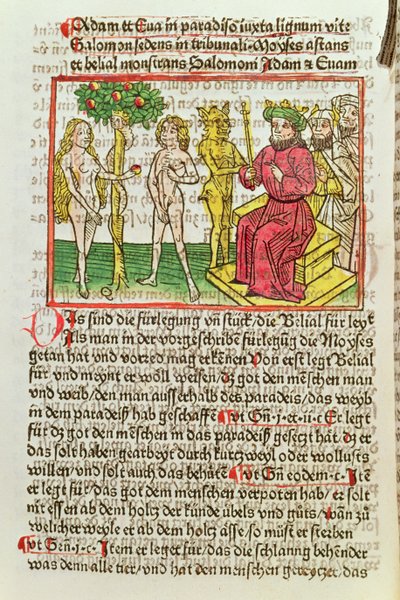 Belial presenterer Adam og Eva for Salomo, illustrasjon fra en tysk oversettelse av Das Buch Belial, 1473 (farget tresnitt) av German School