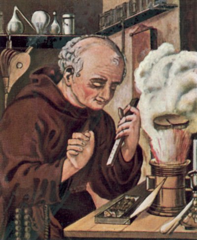 Berthold Schwarz, tysk alkymist (fargelitografi) av German School
