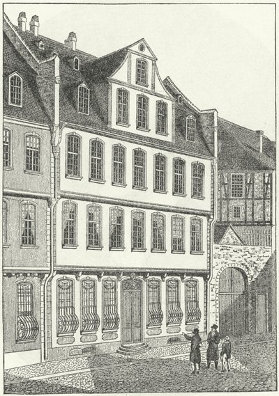 Fødested til tysk forfatter og statsmann, Johann Wolfgang von Goethe, Frankfurt, Tyskland (gravering) av German School