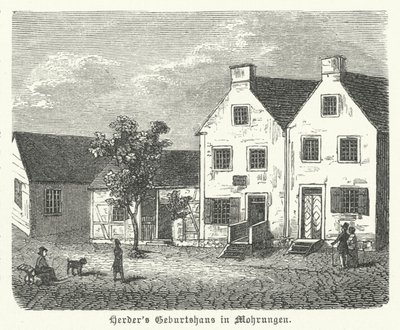 Fødested til den tyske forfatteren, filosofen og lutherske teologen Johann Gottfried von Herder, Mohrungen (gravering) av German School