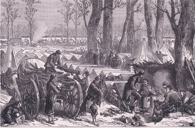 Bivuakk av general Du Croys tropper i skogen til Vincennes, Cassells History of the War between France and Germany utgitt av Cassell and Company Limited, ca. 1890 (lito) av German School