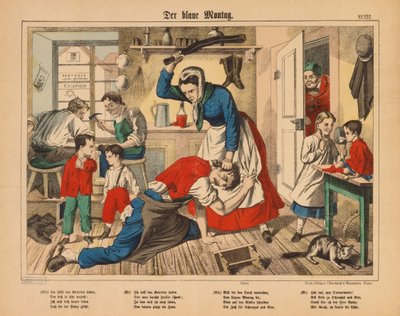 Blå mandag - en skomakerkone som slår mannen sin, broadsheet utgitt av C. Burckhardt, Weissenburg, ca. 1850 av German School
