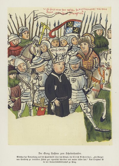 Den bøhmiske kristne reformatoren Jan Hus blir ført til sin henrettelse, Constance, 6. juli 1415 (farge litho) av German School