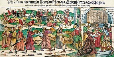 Broadsheet-avisberetning og illustrasjoner av proxy-ekteskapet i mars 1595 til erkehertuginne Maria Christina av Østerrike med ambassadøren til Sigismund Báthory, prinsen av Siebenbürgen (Transylvania) og av slaget ved Călugăreni i august 1595, ca. av German School