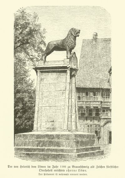 Bronseløve reist av Henry the Lion i Brunswick i 1166 (gravering) av German School