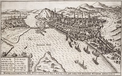 Buda og skadedyr beleiret av de kristne i 1602, illustrasjon fra en bok om de osmanske kampanjene i Europa, gravert av Paul Furst (ca. 1605-66) av German School