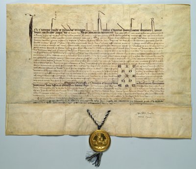 Bull of Charles IV (1316-78) Den hellige romerske keiser, 29. januar 1365 (blekk på pergament med gullsegl) av German School
