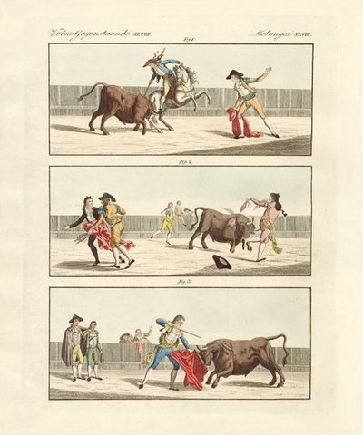 Spanskenes tyrefekting (farget gravering) av German School