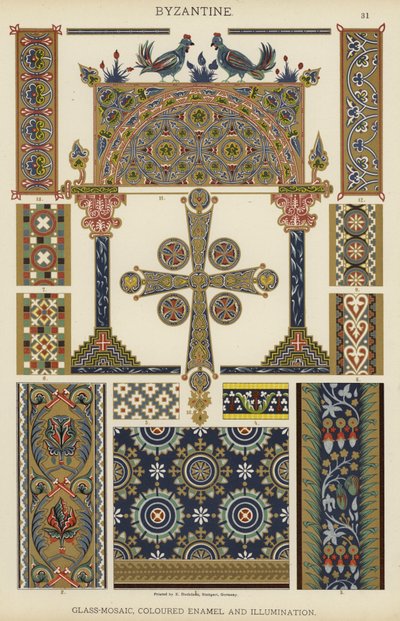 Bysantinsk, glass-mosaikk, farget emalje og belysning (farge litho) av German School
