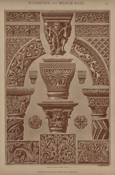 Bysantinsk og middelalder, arkitektur og skulptur (farge litho) av German School