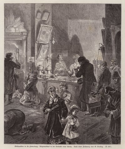 Stearinlys til salgs i vestibylen til en kirke i St Petersburg, Russland, til jul (gravering) av German School