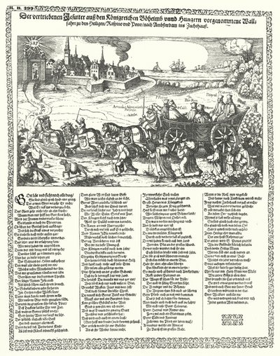 Tegneserie som viser jesuitter drevet ut av Böhmen og Ungarn i 1620 ved starten av trettiårskrigen (gravering) av German School