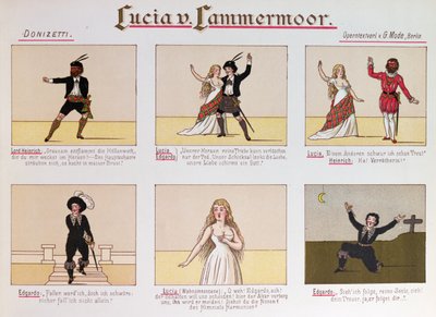 Tegneserie som gjør narr av operaen Lucia di Lammermoor av Donizetti (farge litho av German School