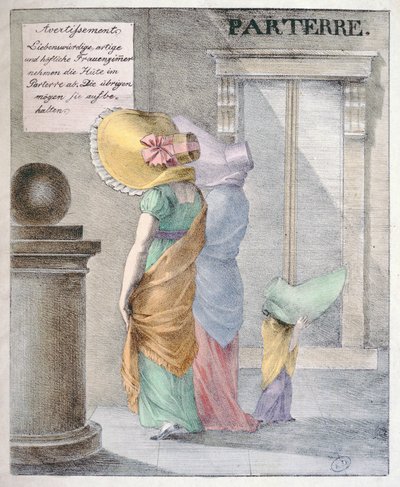 Tegneserie som latterliggjør moten for damer å bruke enorme hatter, rundt 1820 av German School