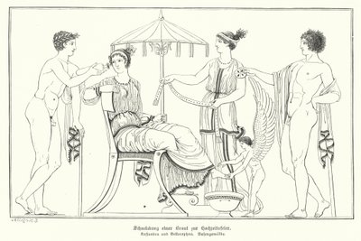 Cassandra blir klargjort for bryllupet sitt med Bellerophon (gravering) av German School