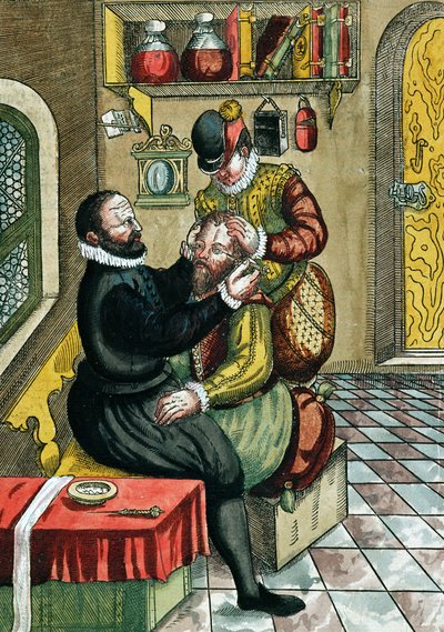 Cataract Operation, fra Ophthalmodouleia av Georg Bartisch (1535-1636) utgitt i Dresden i 1583 (farget treblokktrykk) av German School