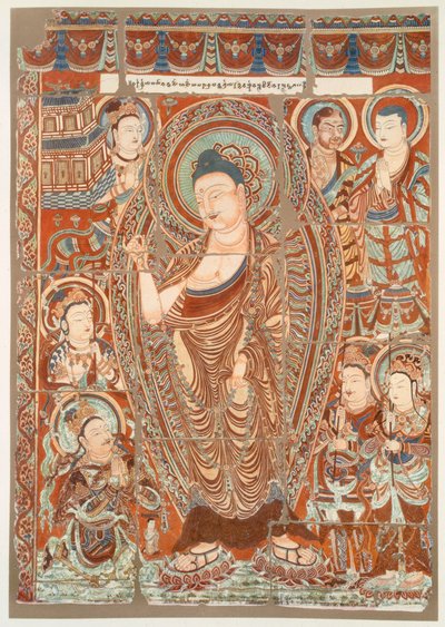 Hulemaleri som viser tilbedelsen av Buddha Simha, pub. C1913. av German School
