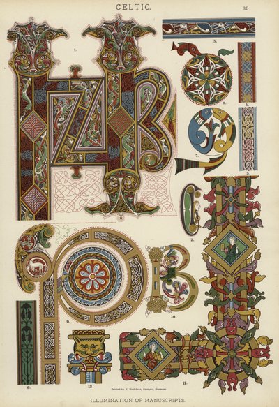 Celtic, belysning av manuskripter (farge litho) av German School