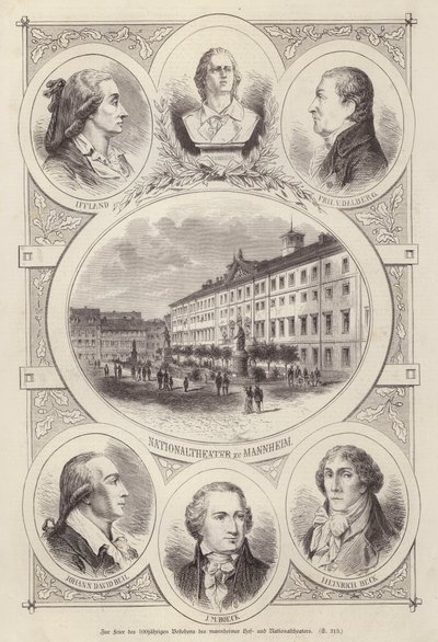 Hundreårsjubileet for domstolen og nasjonalteatrene, Mannheim, Tyskland (gravering) av German School