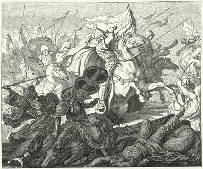 Charles Martel i slaget ved Poitiers, 732 (gravering) av German School