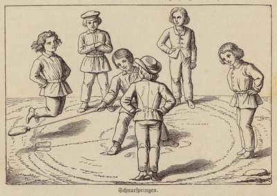 Barn som leker et tauhoppespill (gravering) av German School