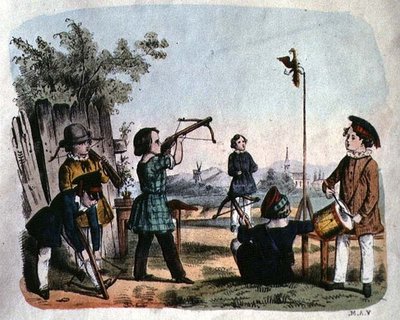 Barn som skyter et mål med en arkebuse, ca. 1860 (fargegravering) av German School