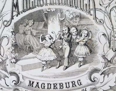Barnedansescene, detalj på tittelsiden til samlingen av musikk og danser for barn utgitt i Magdeburg. Tyskland av German School
