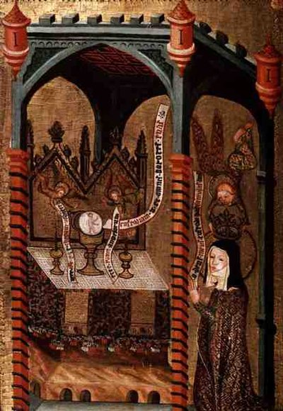 Kristus viser seg for St. Clare (tempera og gull på eikepanel) av German School