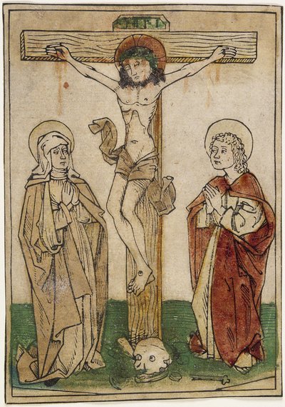 Kristus på korset med Maria og Johannes, ca. 1470-80 (håndfarget tresnitt på pergament) av German School