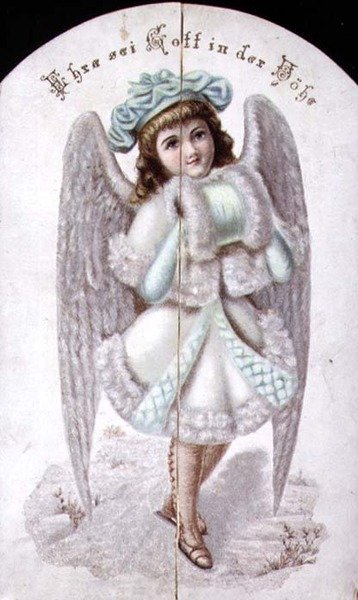 Julekort av en engel med en muffe, tysk, ca. 1880 (trykk) av German School