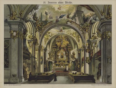 Kirkens interiør (farge litho) av German School