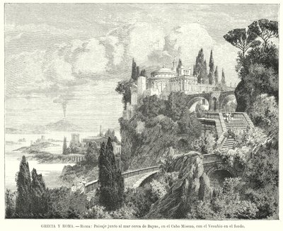 Kystlinjen til Napolibukta fra den gamle romerske byen Baiae, Cape Miseno, med Vesuv i det fjerne (litho) av German School