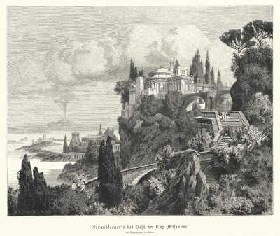 Kystlinje av Napolibukta fra den gamle romerske byen Baiae, Cape Miseno, med Vesuv i det fjerne (gravering) av German School