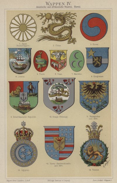 Våpenskjold fra Hawaii og land i Asia og Afrika (farge litho) av German School