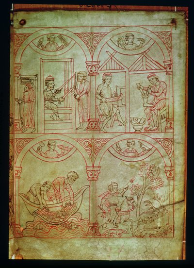 Codex 507 fol.2r Vever, skomaker, fiskere og jeger, fra Renner Musterbuch, ca. 1208-18 av German School