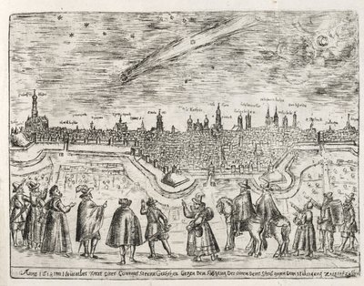 Komet sett over Augsburg slutten av november 1618, fra Cometen Historia, pub. 1618 av German School