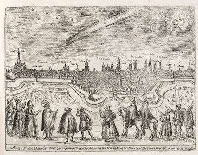 Komet sett over Augsburg slutten av november 1618, pub. 1618. av German School