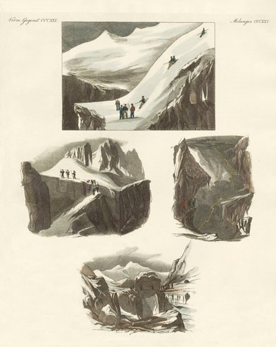 Angående bestigningen av Mount Blanc (farget gravering) av German School