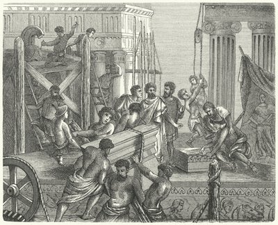 Bygging av et tempel på Akropolis, Athen (gravering) av German School