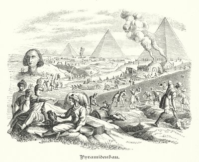 Bygging av pyramidene, det gamle Egypt (gravering) av German School