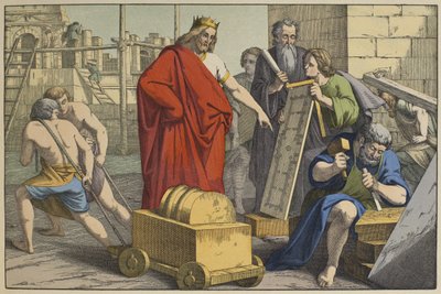 Bygging av Jerusalems tempel, illustrasjon fra LANcien Testament, utgitt av Jakob Ferdinand Schreiber, Esslingen (fargegravering) av German School