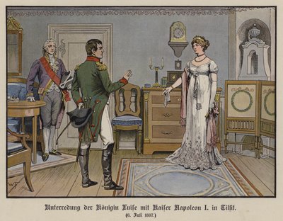 Samtale mellom dronning Louise av Preussen og keiser Napoleon I i Tilsit, 6. juli 1807 (farge litho) av German School